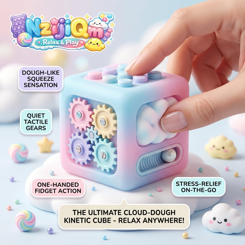 NzijiQm™ Cloud Dough Sensory Fidget Cube | Cute Pastel Stress Relief Toy with Quiet Gears & Squishy Dough Pad | Portable One-Handed Anxiety Relief Desk Toy for Kids, Teens & Adults