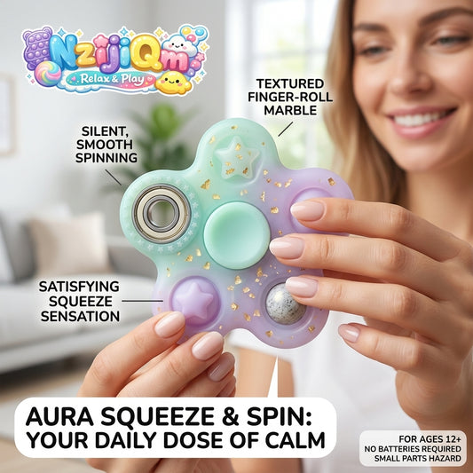 NzijiQm™ Aura Squeeze & Spin Fidget Toy - 3-in-1 Sensory Fidget Spinner with Silent Bearing, Textured Finger-Roll Marble, and Silicone Star Popper | Stress & Anxiety Relief Desk Toy for Teens & Adults