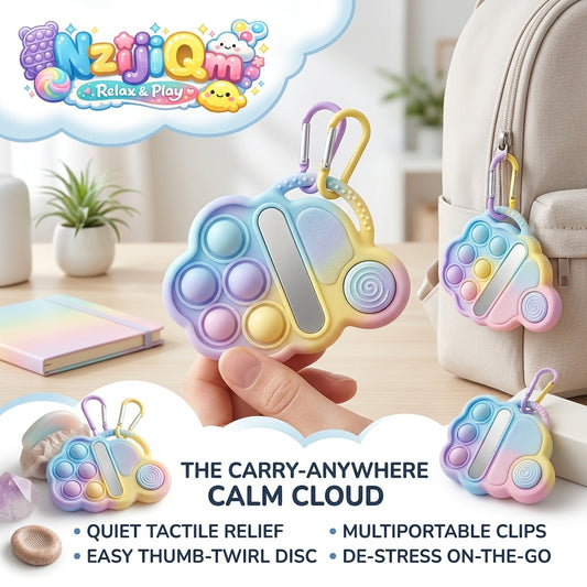 NzijiQm™ Calm Cloud 5-in-1 Sensory Fidget Toy | Portable Anxiety Relief Keychain with Quiet Pop Bubbles, Thumb Spinner, Worry Bar & Dual Carabiner Clips | Cute Pastel Stress Reliever for Kids, Teens & Adults
