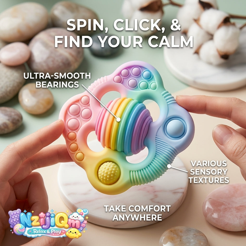 NzijiQm™ 3-in-1 Sensory Fidget Toy - Rainbow Hand Spinner, Pop Bubble Push Toy & Textured Stress Reliever for Anxiety Relief, ADHD, and Focus - Portable Calming Toy for Kids and Adults