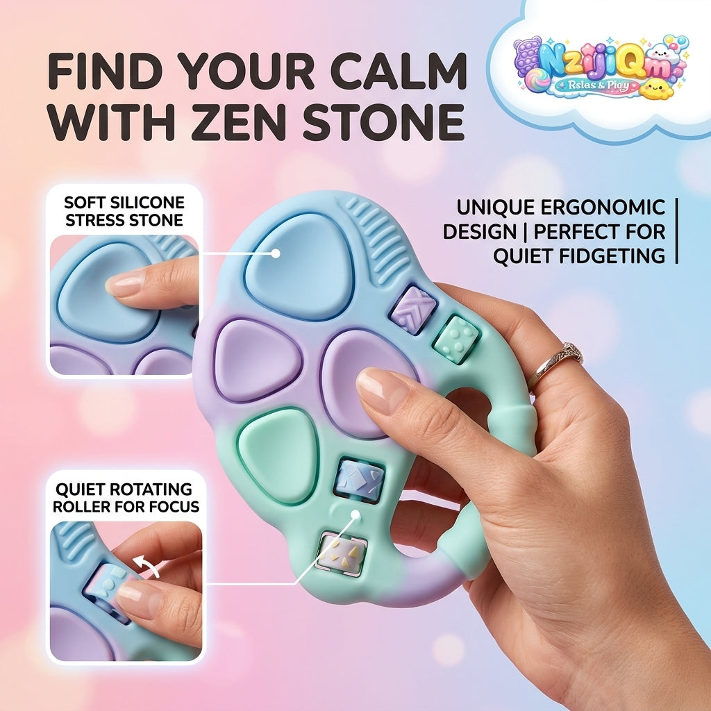 NzijiQm™ Zen Stone Fidget Toy - Quiet Sensory Stress Relief Toy for Anxiety & ADHD, Ergonomic Soft Silicone Worry Stone with Silent Rotating Rollers, Calming Desk Toy for Adults and Kids